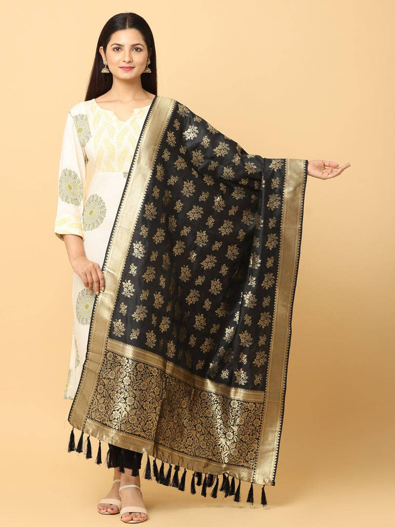 Woven Design Black Silk Blend Dupatta With Resham Tassels