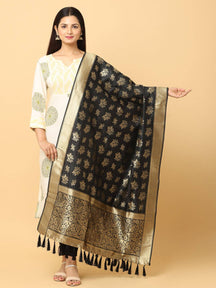 Woven Design Black Silk Blend Dupatta With Resham Tassels