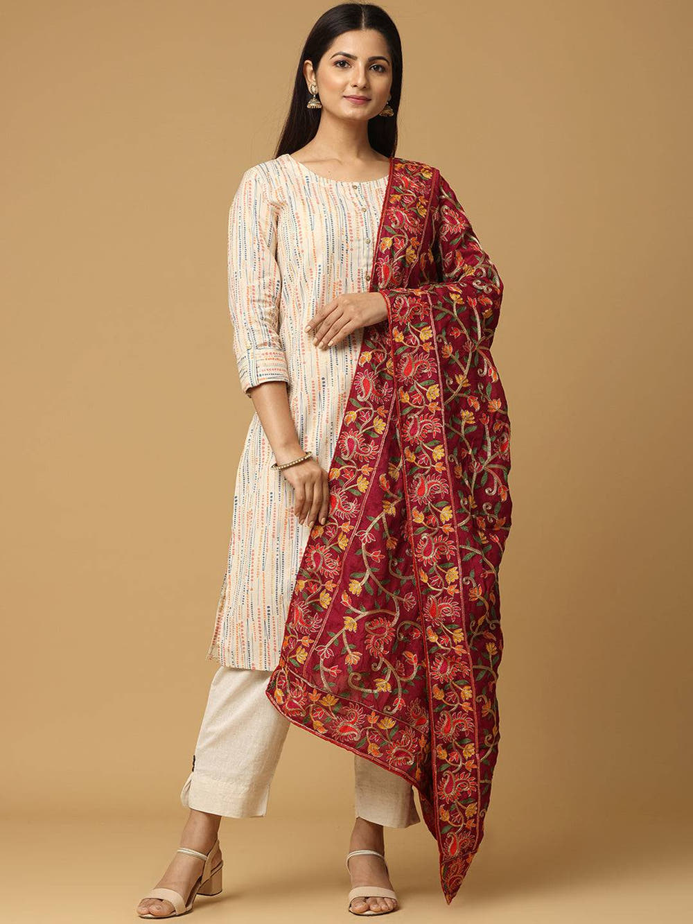 Wine Dense Floral Jaal Pashmina Dupatta