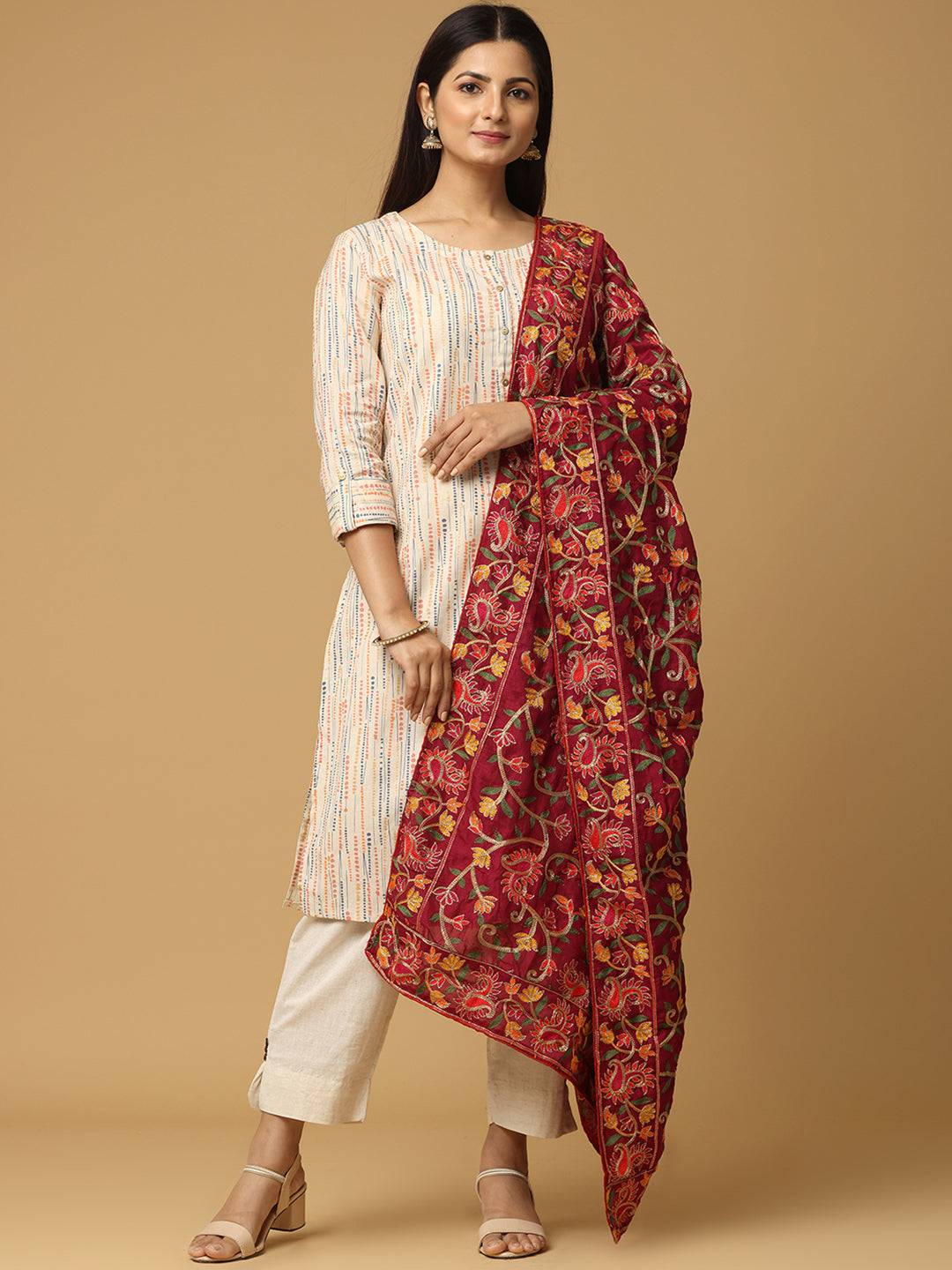 Wine Dense Floral Jaal Pashmina Dupatta