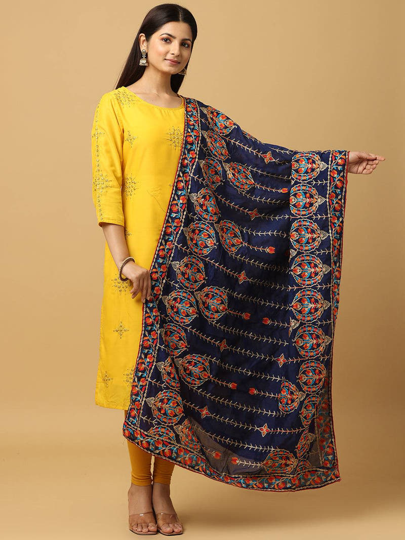 Navy Banded Stripe Pashmina Dupatta