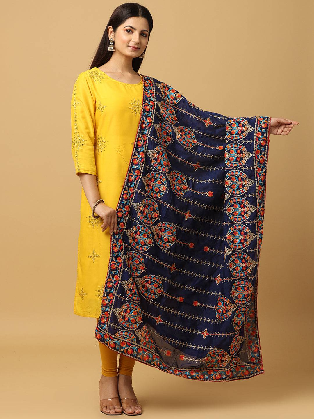 Navy Banded Stripe Pashmina Dupatta