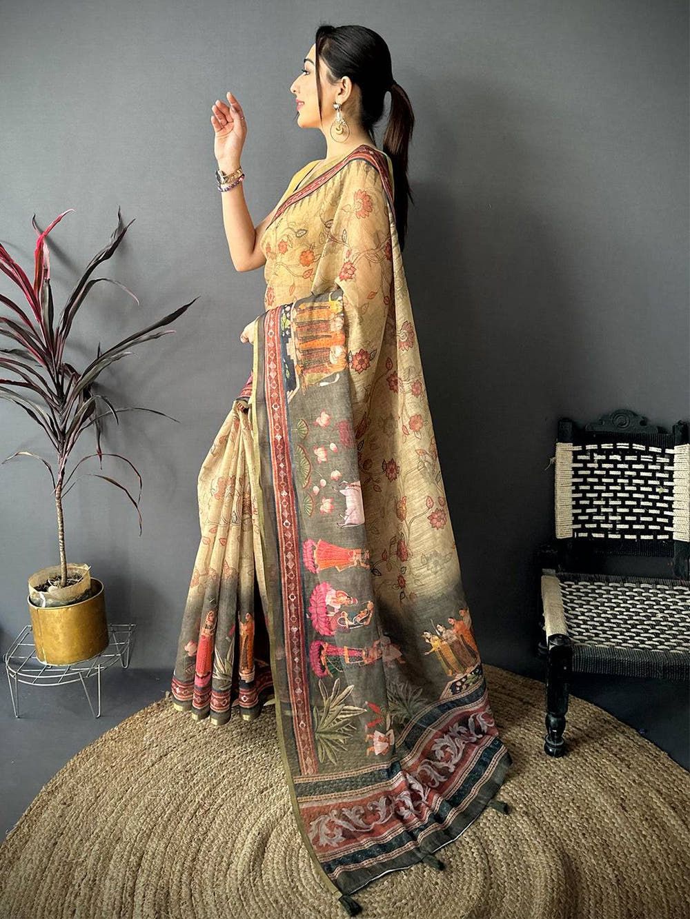 Artistic Pen Kalamkari Digital Linen Saree