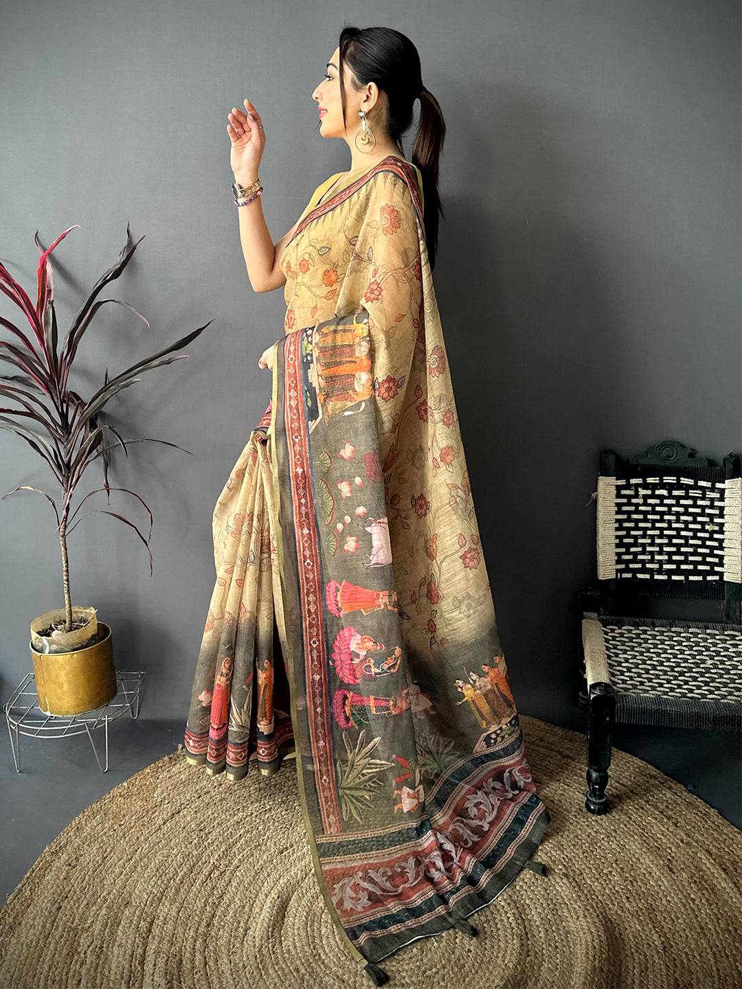 Artistic Pen Kalamkari Digital Linen Saree
