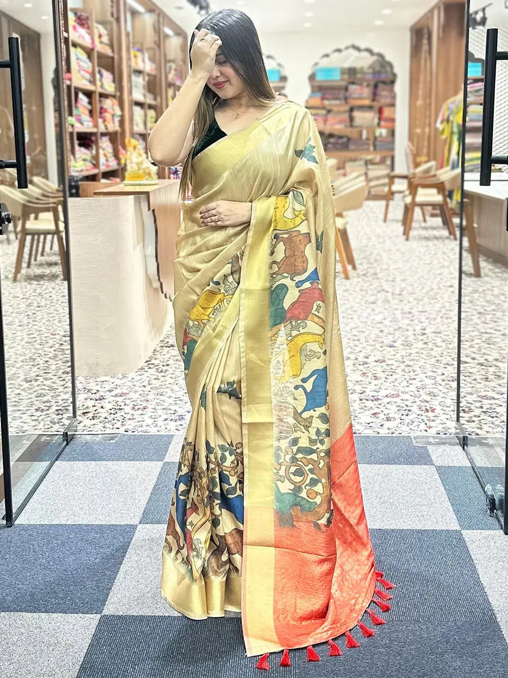 Incredible Pen Kalamkari Linen Tissue Soft Saree