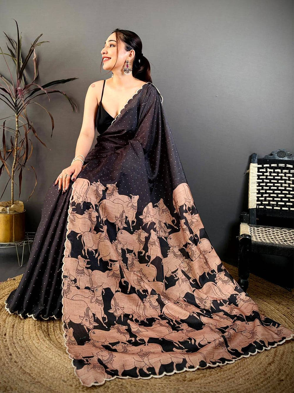 Artistic Cow Motif Kalamkari Tussar Saree
