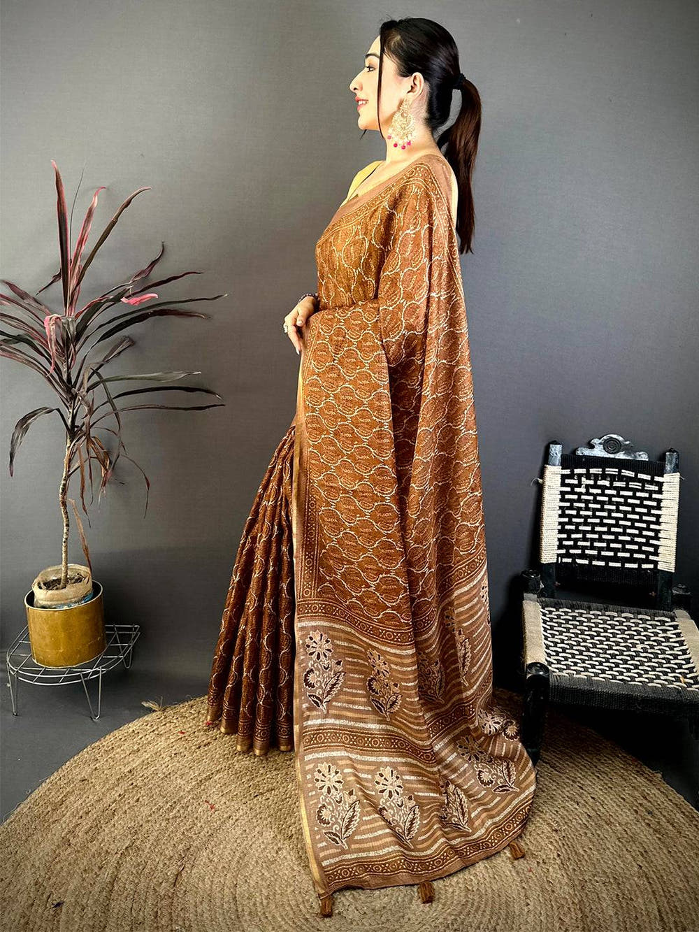 Brown Ajrakh Digital Print Kota Saree