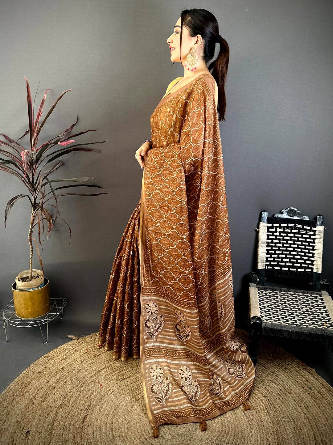Brown Ajrakh Digital Print Kota Saree