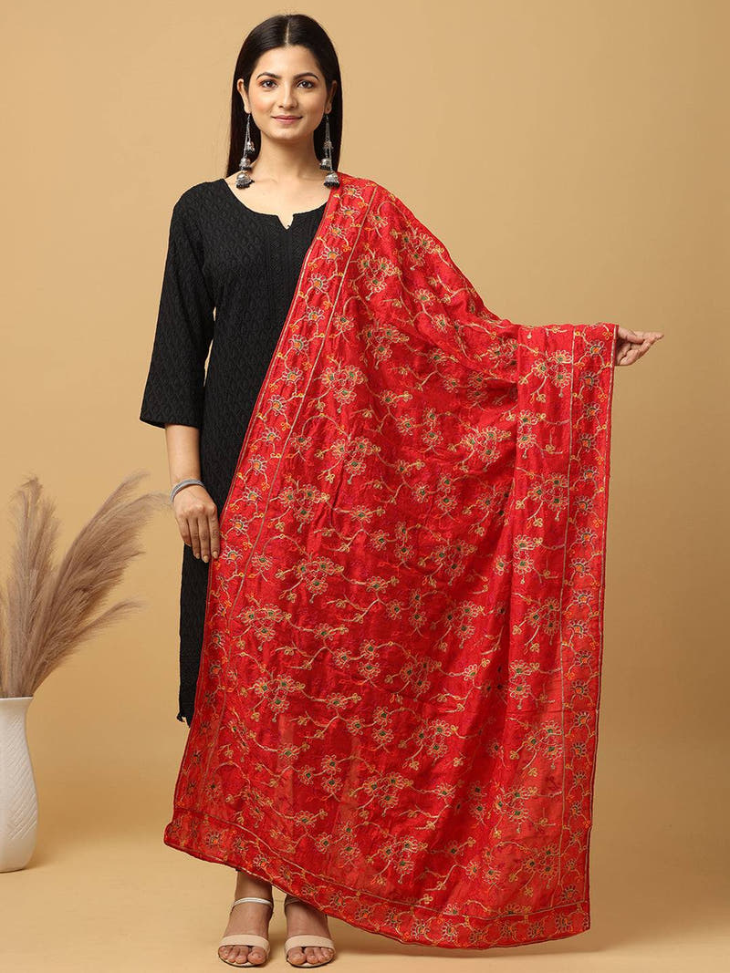 Red Vivid Floral Spray Pashmina Dupatta