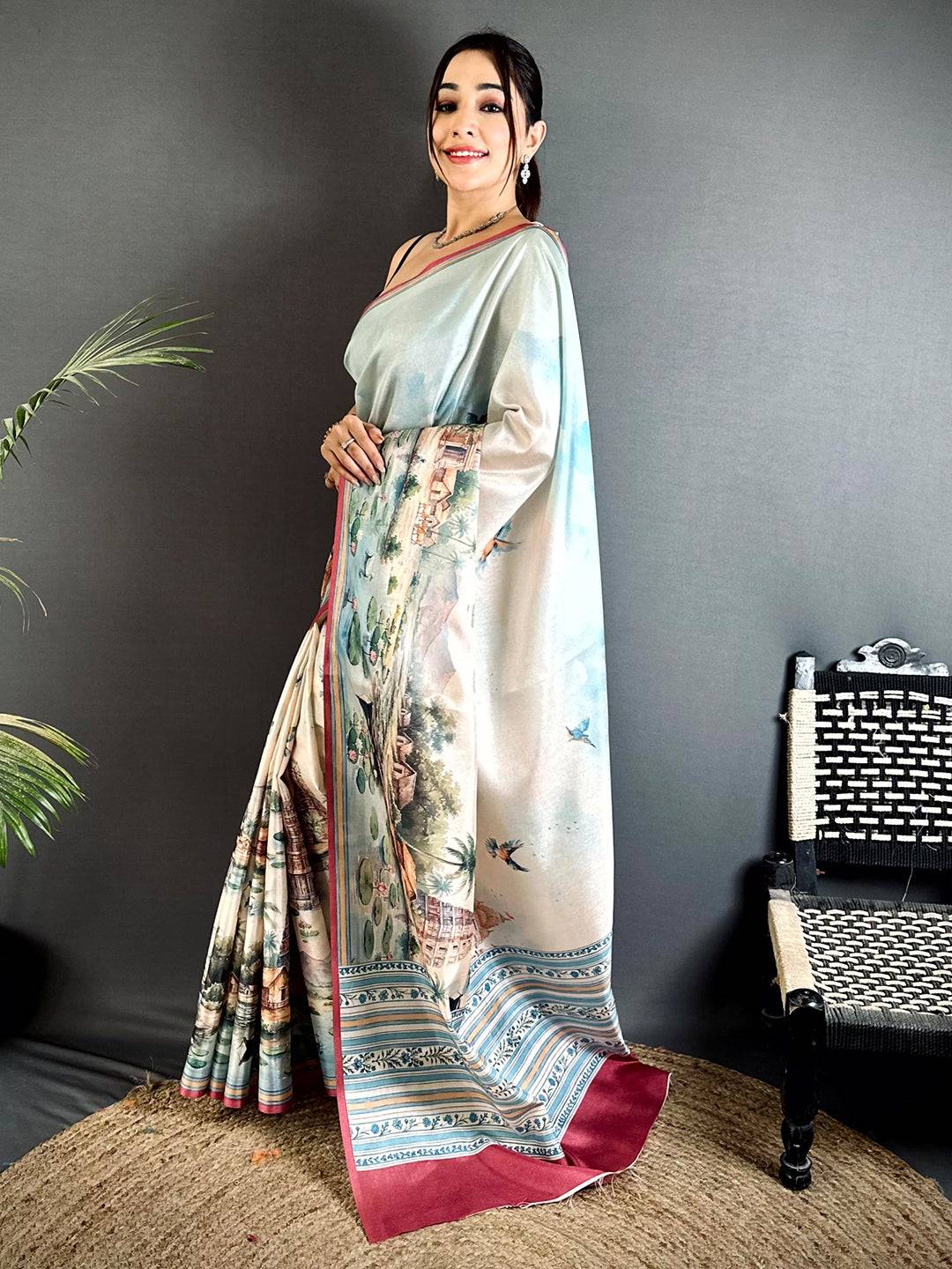 Elegance Tussar Landscape Digital Saree