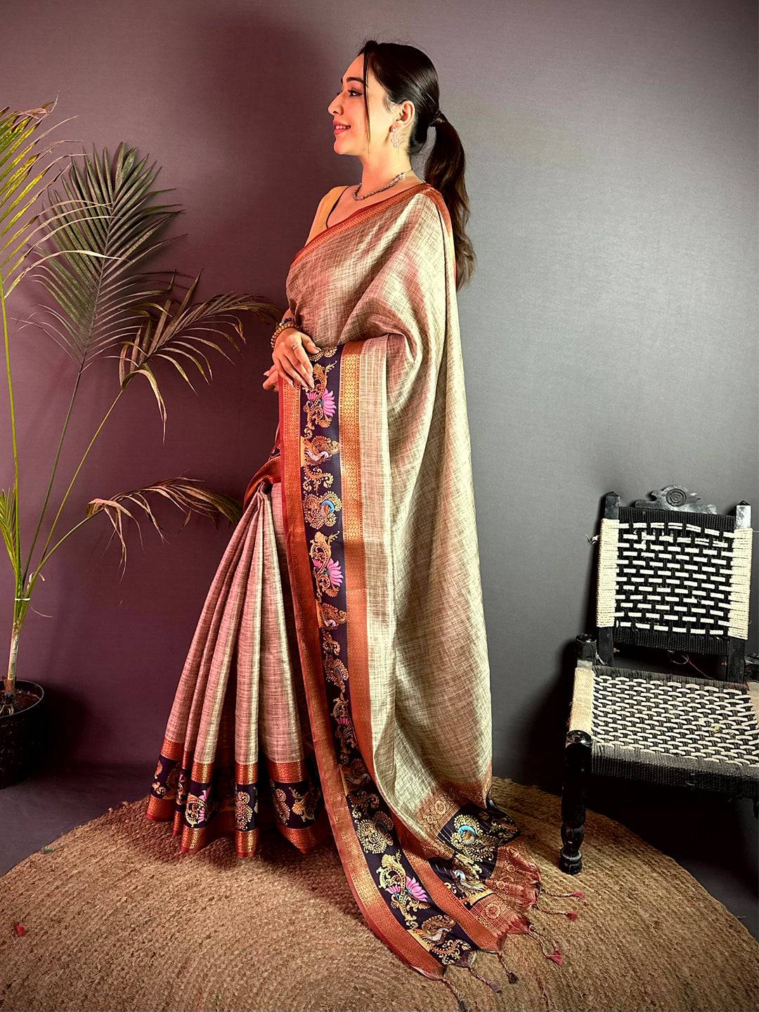 Stylish Tanjore Art Khadi Semi Silk Saree