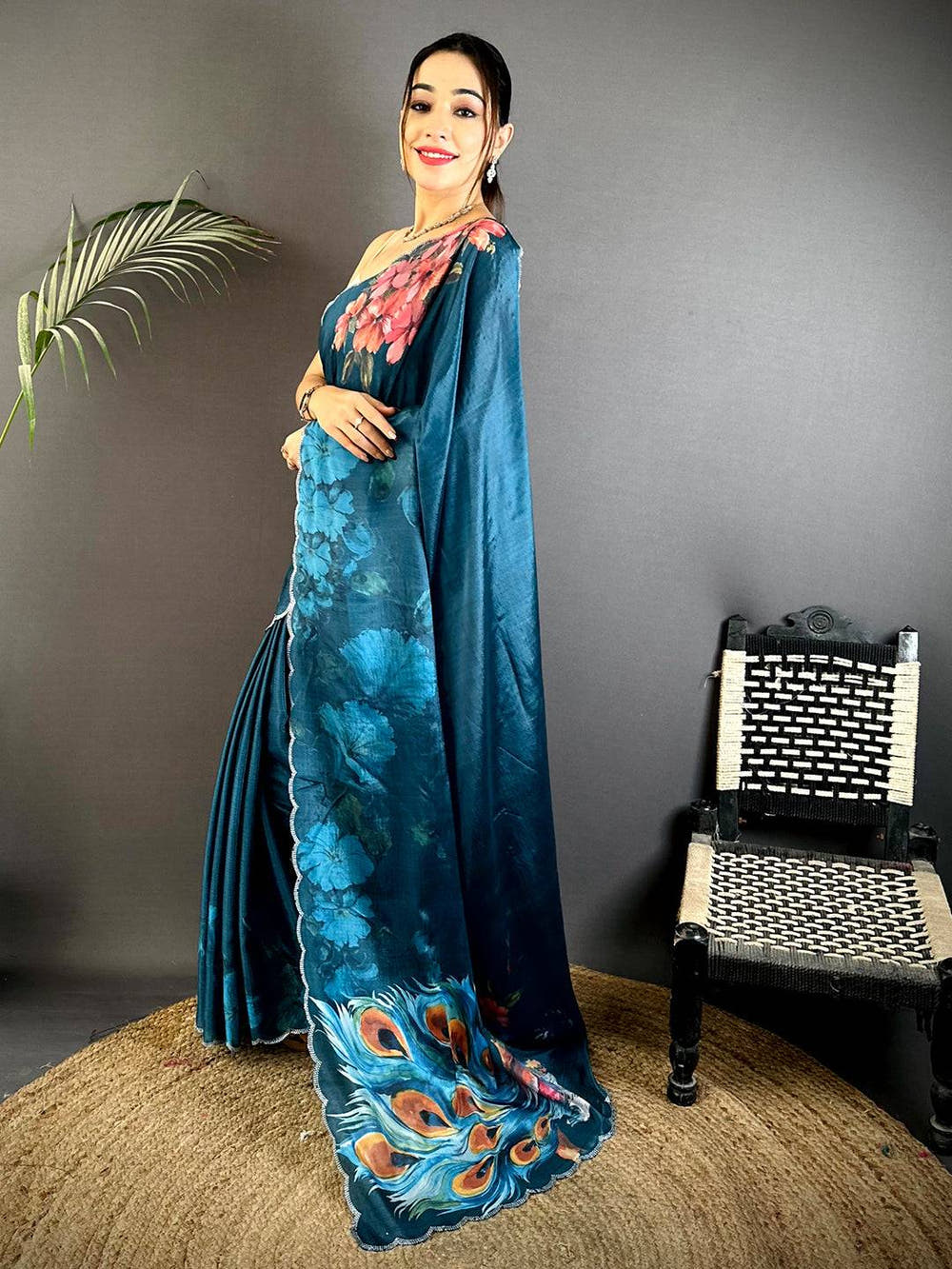 Teal Chinnon Stone Work Floral Saree