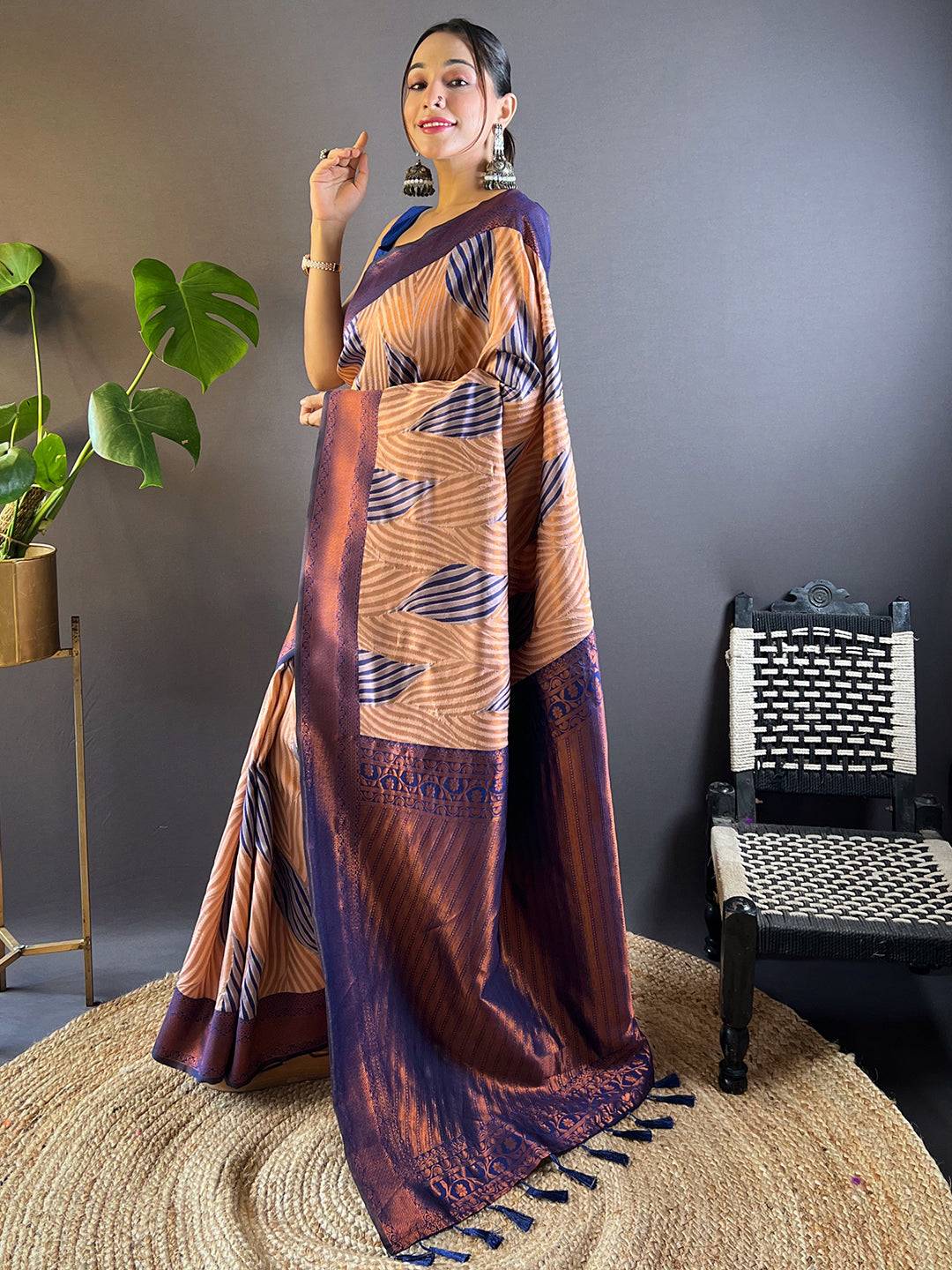 Peach Tussar Silk Zari Weaving Ikkat Saree