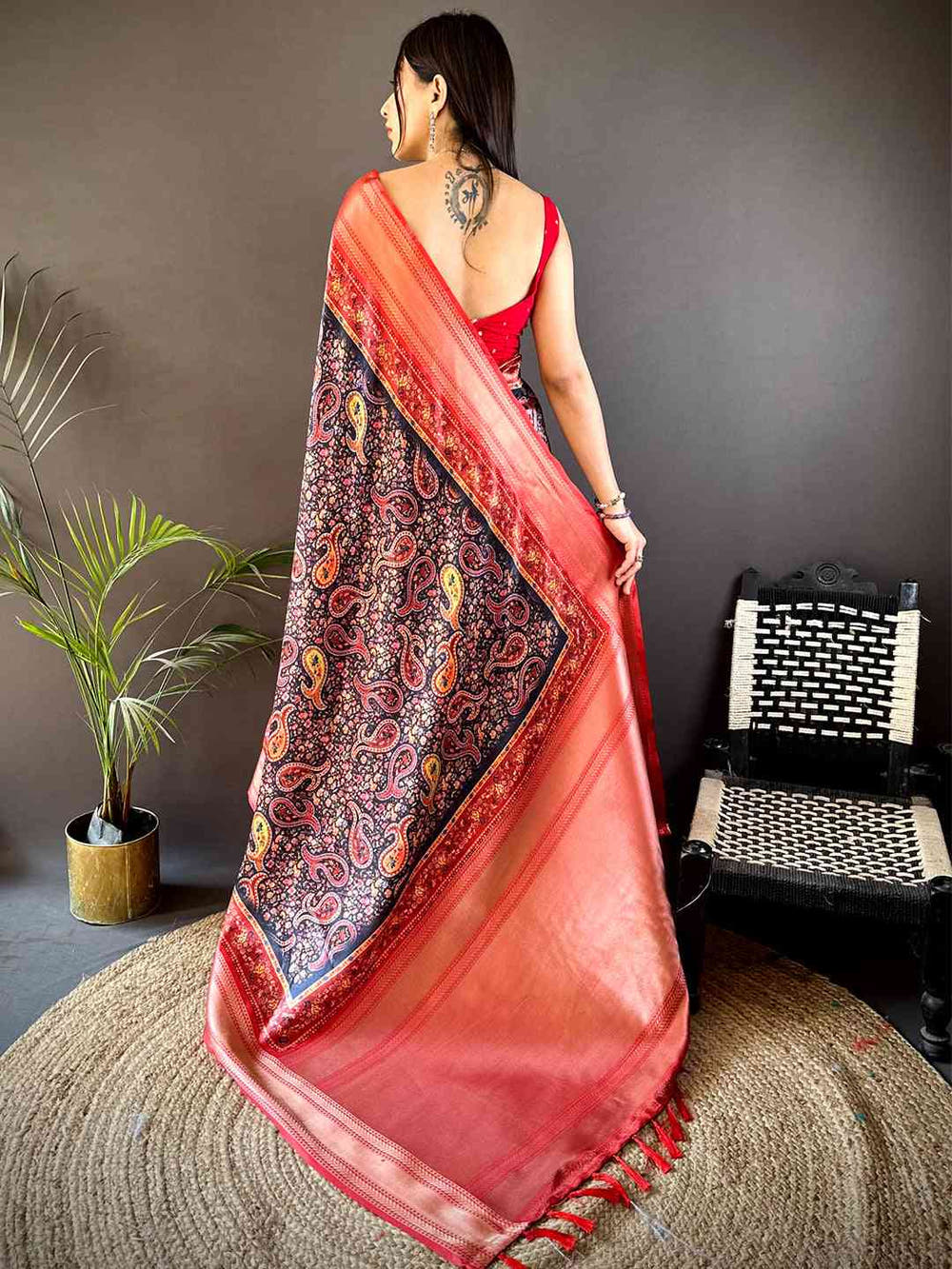 Black Mughal Kalamkari Print Pashmina Saree