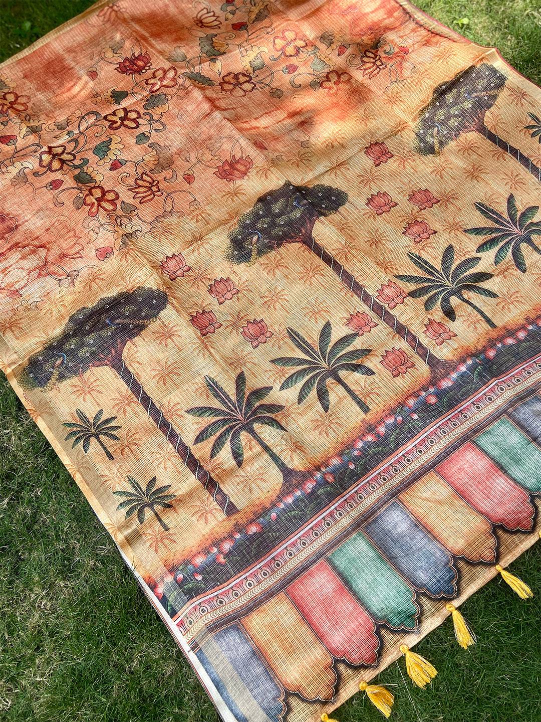 Orange Kota Doriya Silk Saree With Floral Print