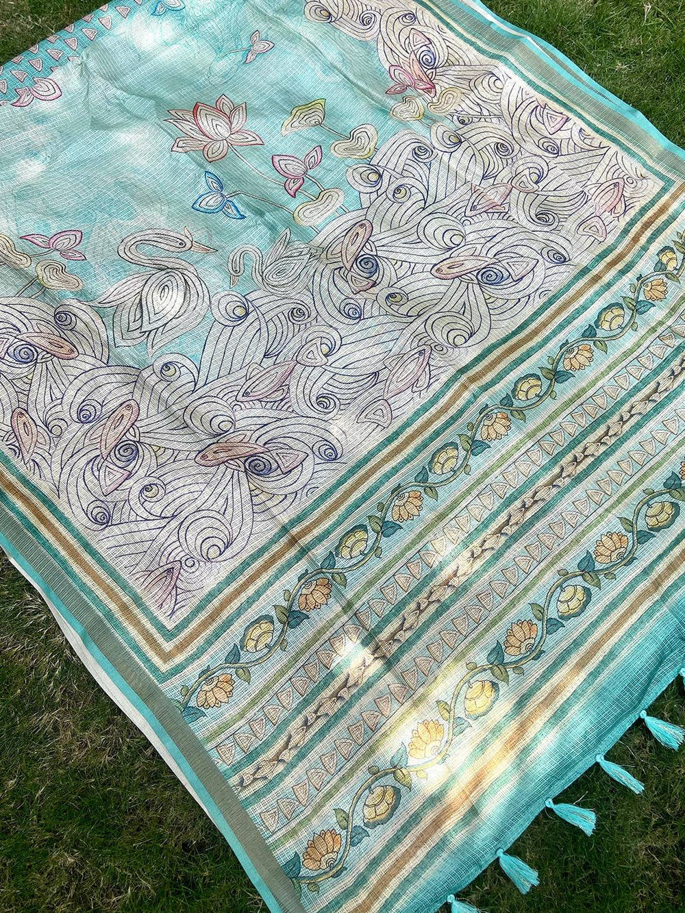 Turquoise Soft Kota Doriya Silk Saree With Flower Kalamkari Print
