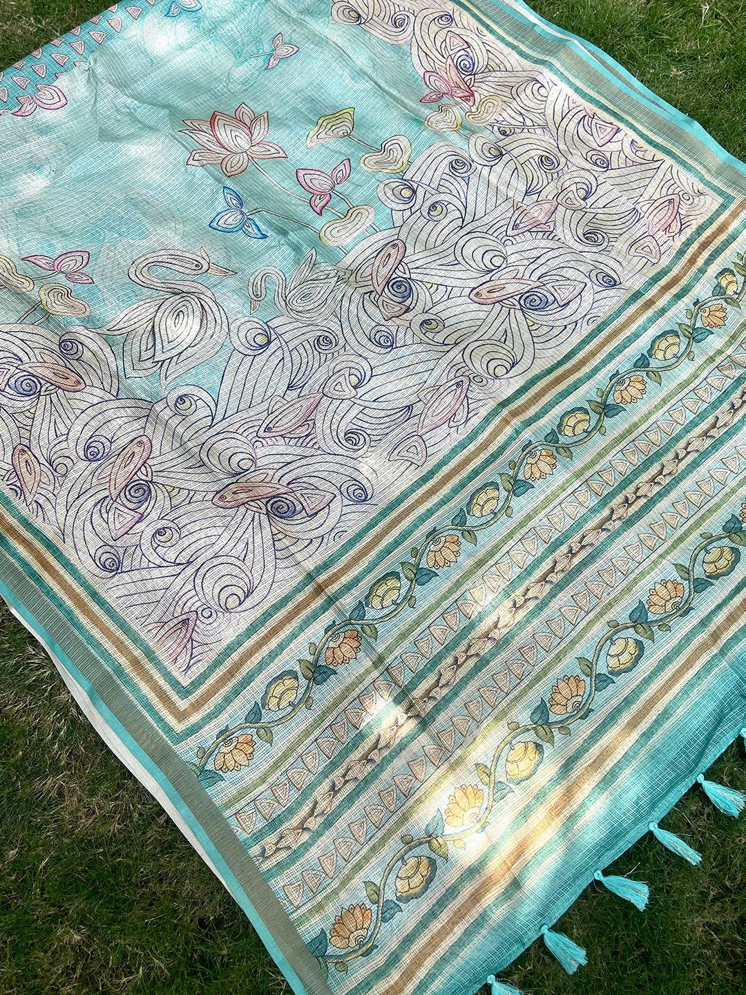 Turquoise Soft Kota Doriya Silk Saree With Flower Kalamkari Print