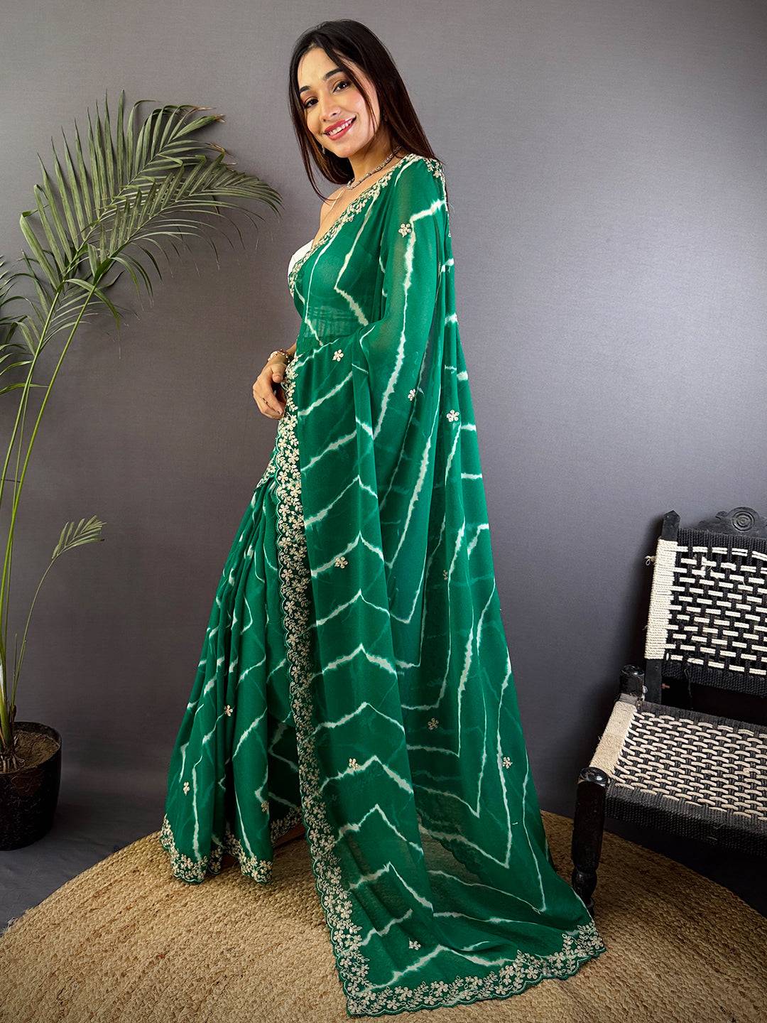 Green Soft Georgette Leheriya Print Saree