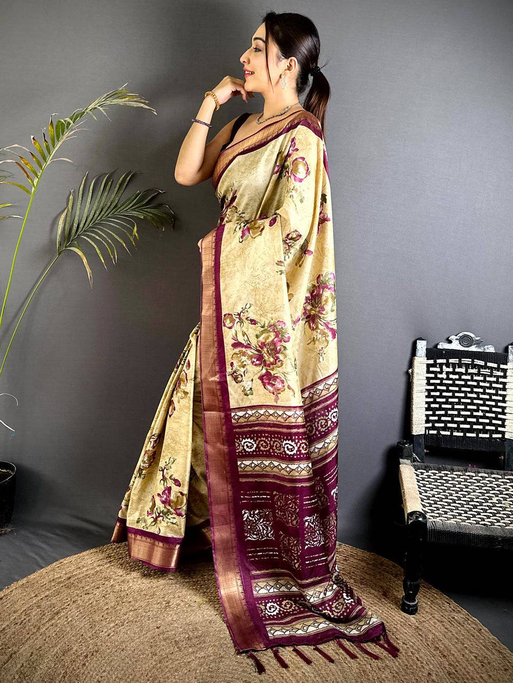 Heritage Cream Floral Dola Silk Saree
