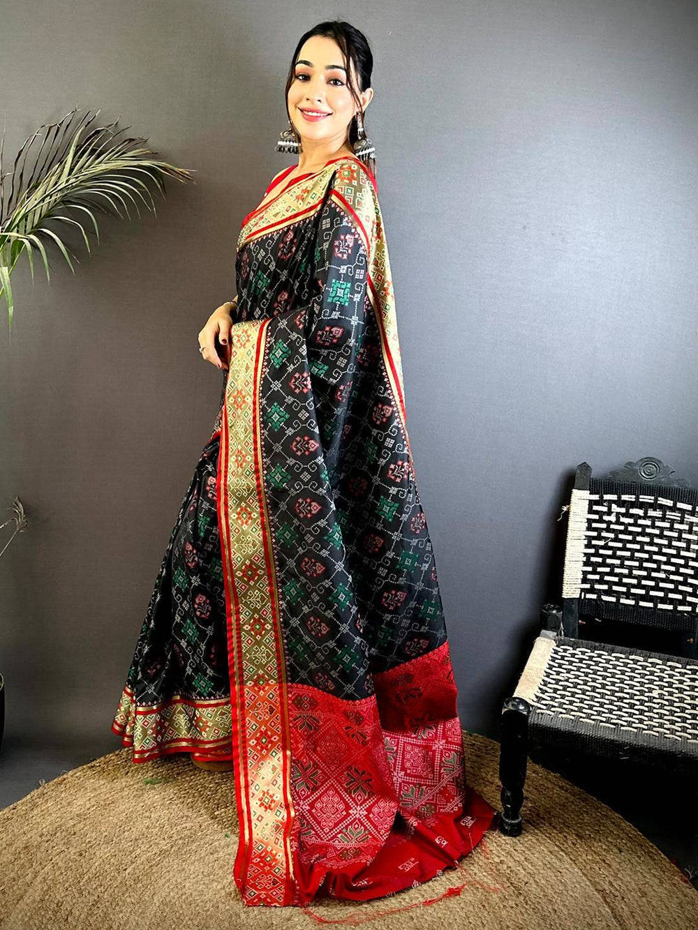 Black Pochampally Patola Soft Silk Saree