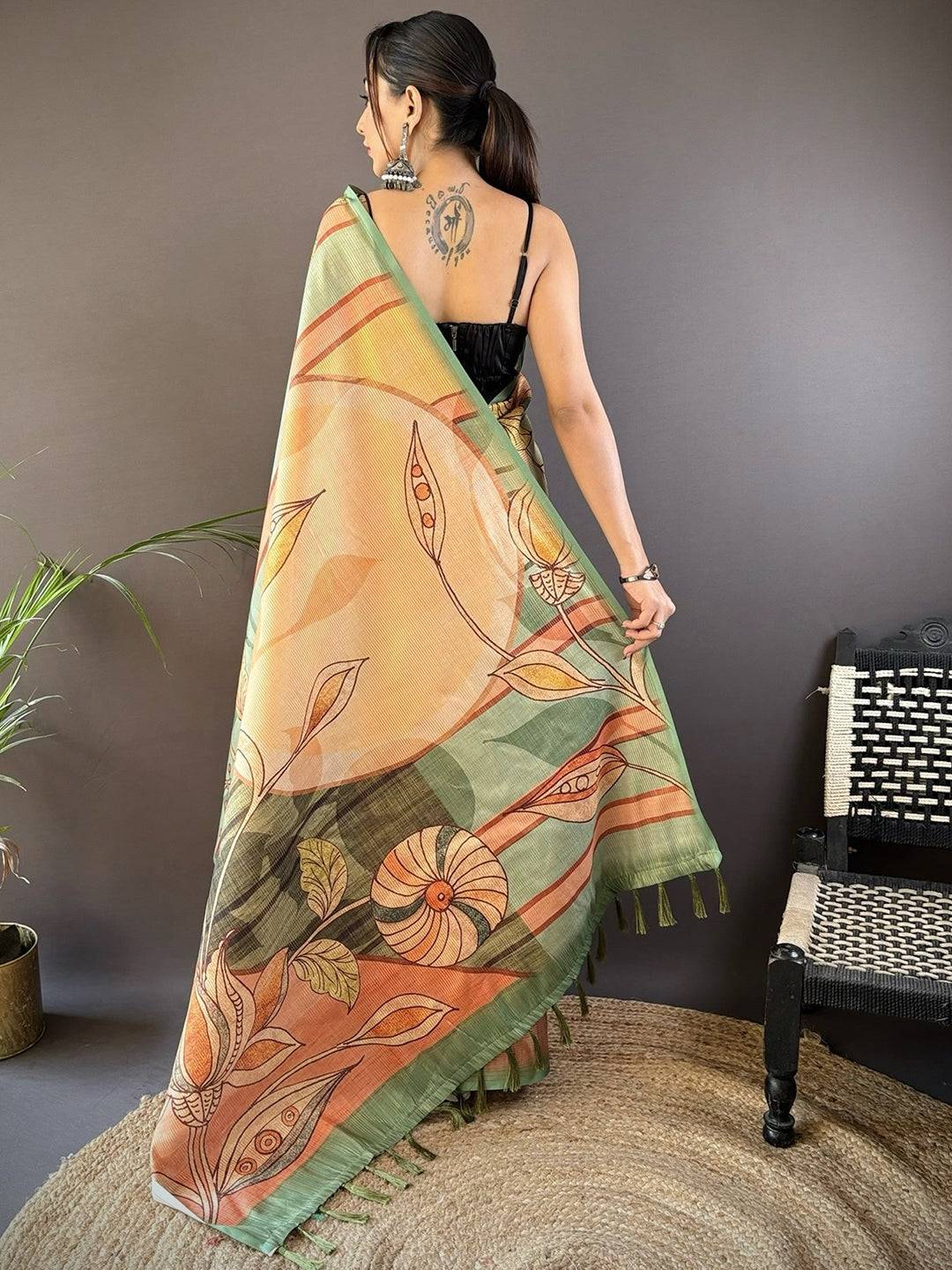 Jade Green Zari Tussar Printed Saree