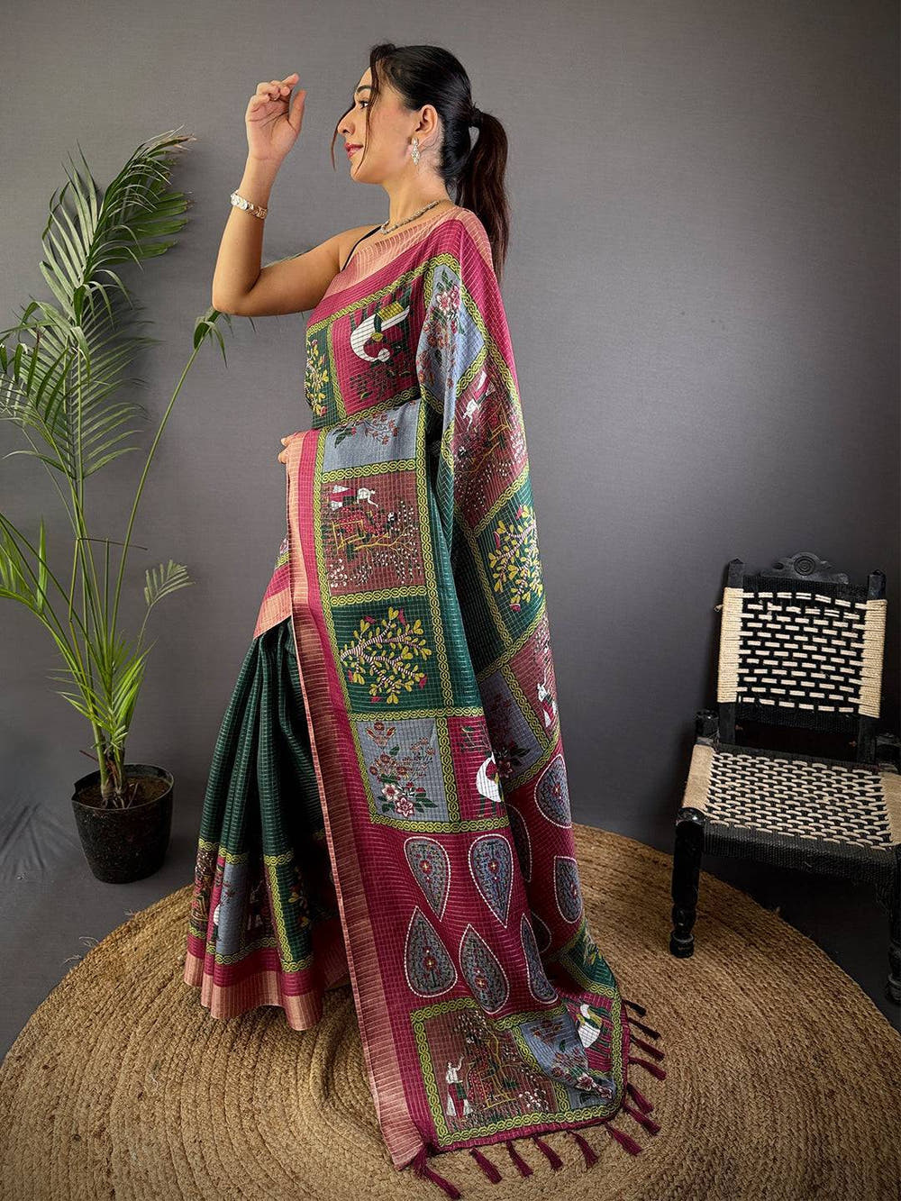 Bottle Green Tussar Kalalmkari Print Saree