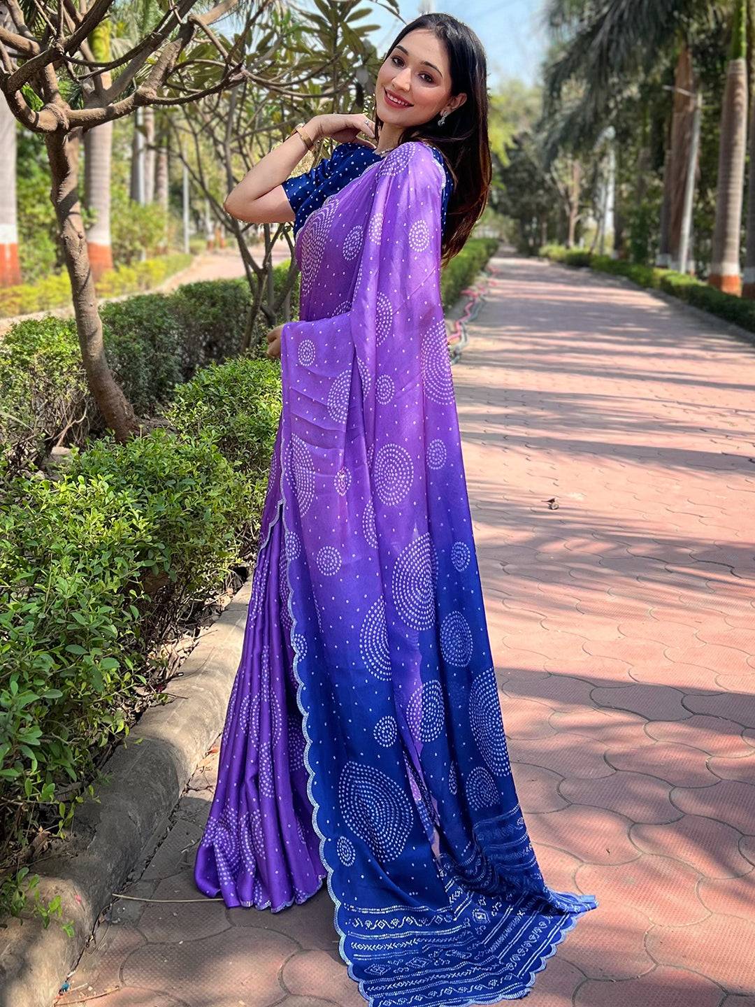 Lavender Ombre Bandhej Georgette Silk Saree