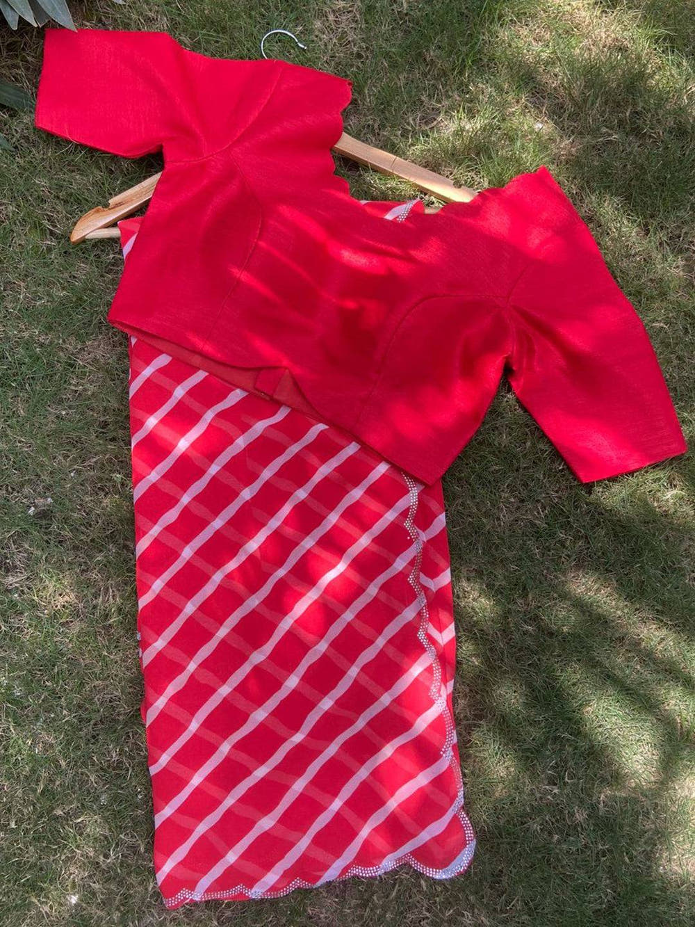 Red Georgette Leheriya Print Stone Work Saree