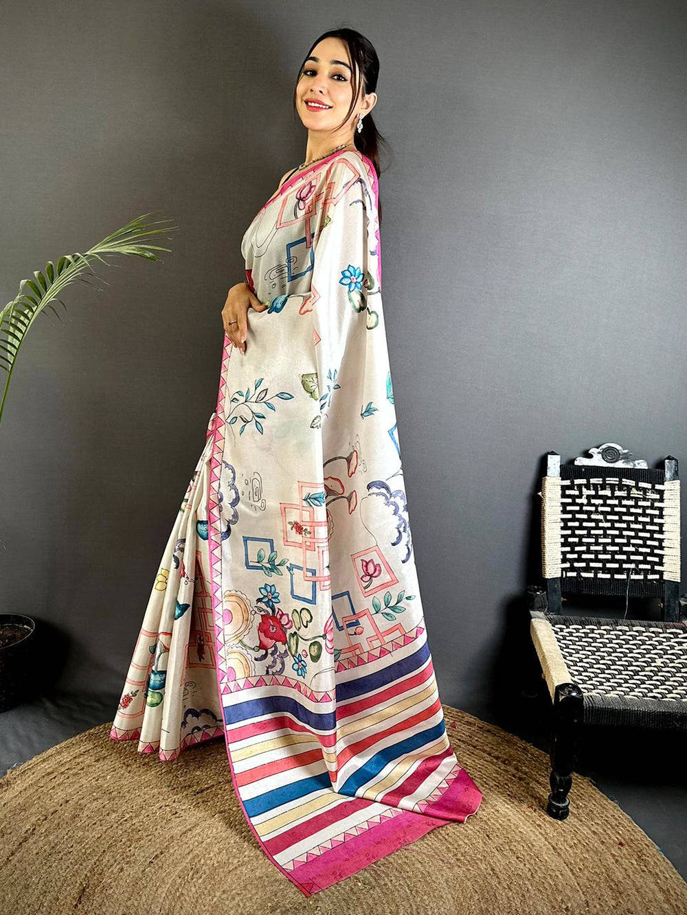 Off White Semi Tussar Striped Pallu Saree