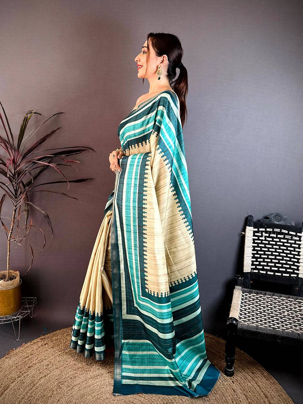 Elegant Soft Tussar Kantha Print Saree