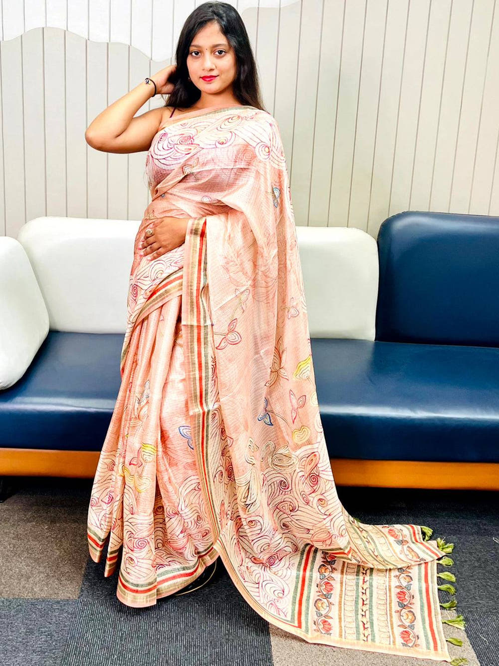 Peach Kota Doriya Silk Saree With Floral Kalamkari Print