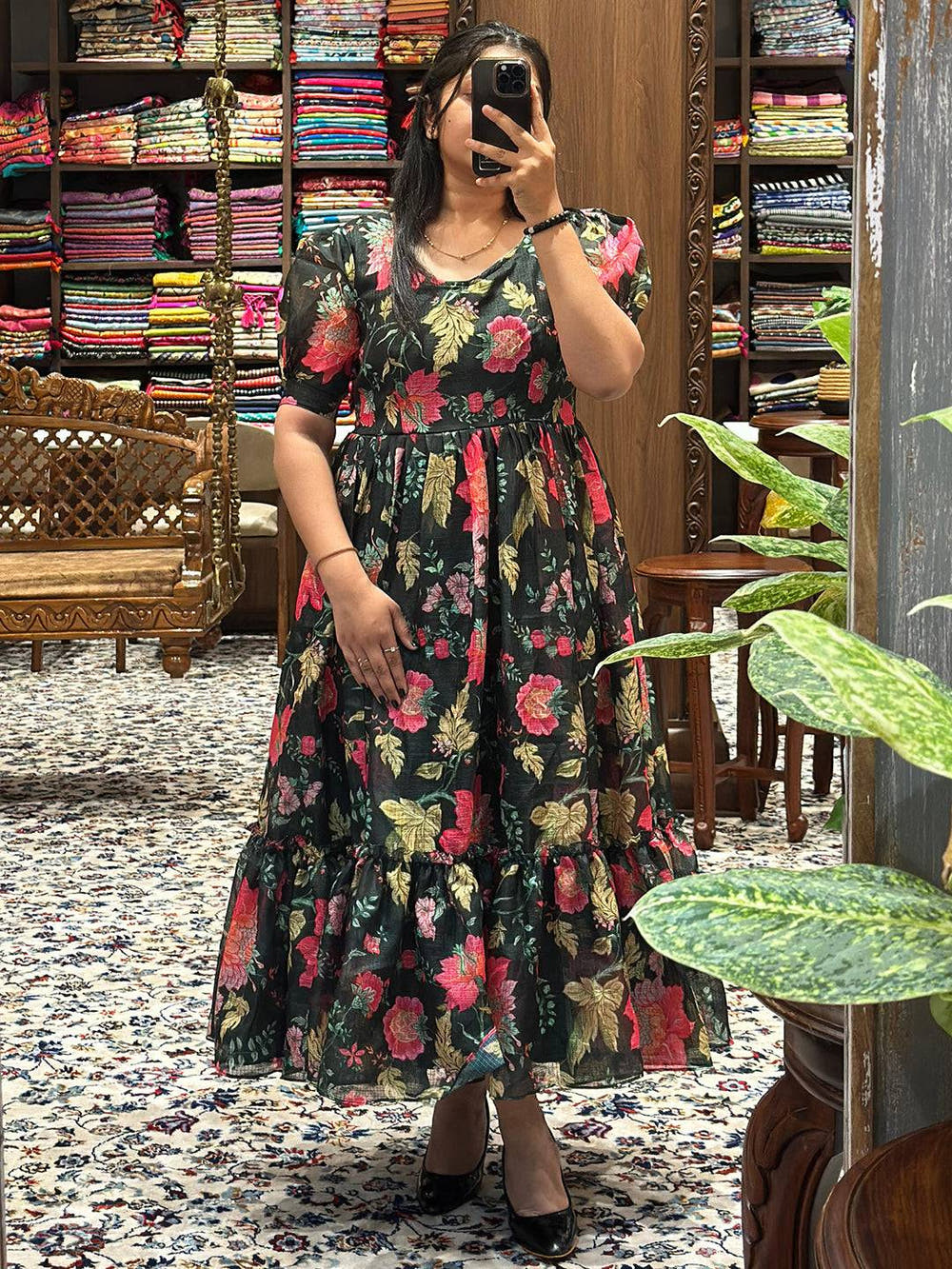Revan Black Floral Print Midi Dress