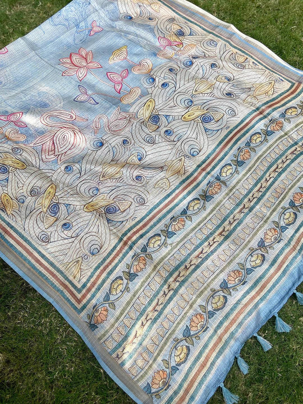 Sky Blue Soft Kota Doriya Silk Saree With Flower Kalamkari Print