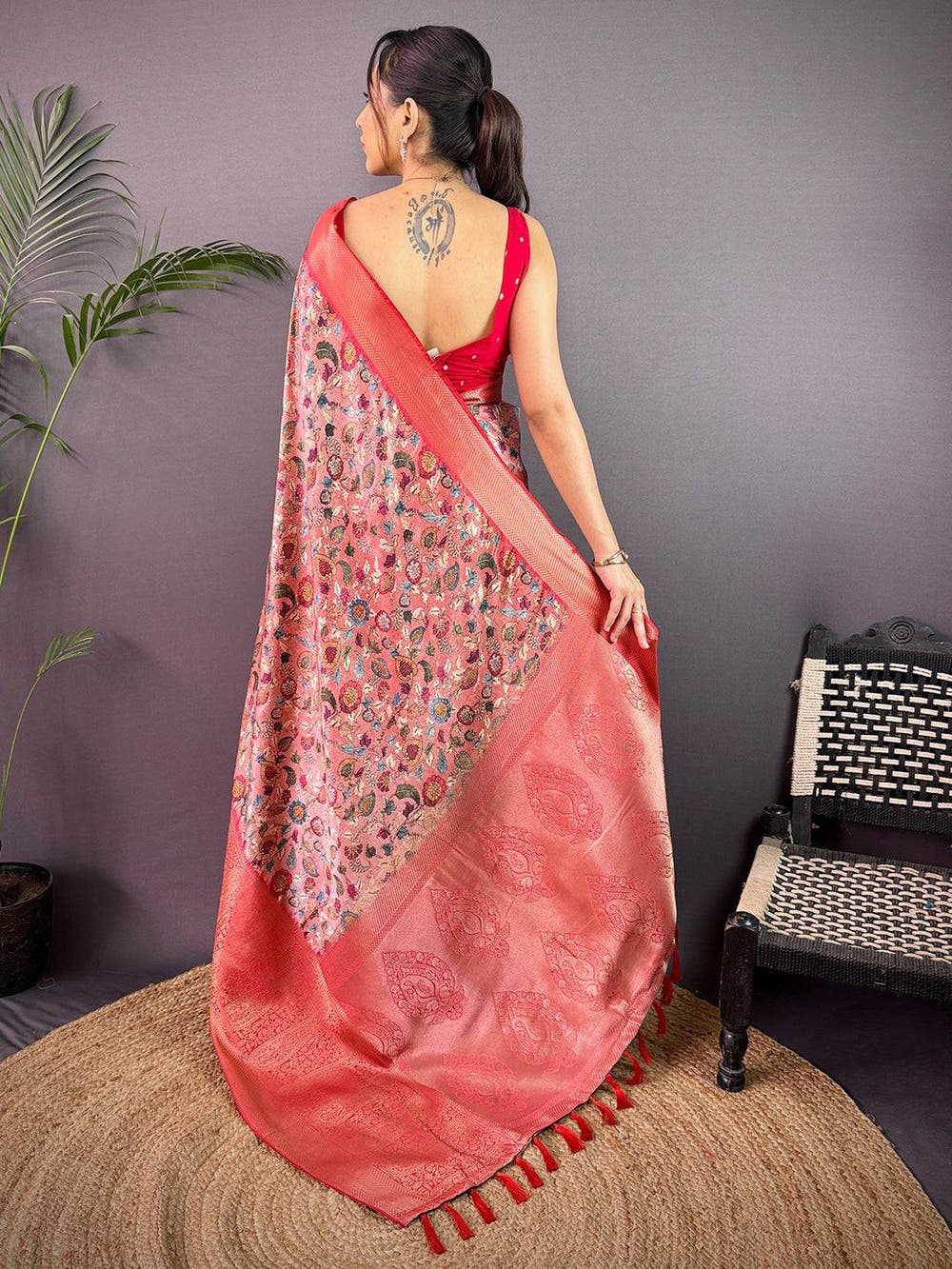 Coral Red Cherry Satin Kalamkari Saree