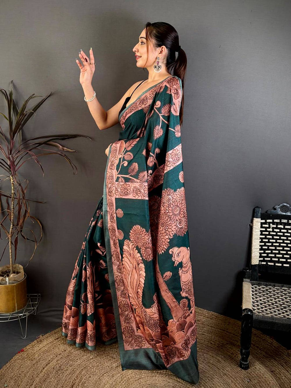 Teal Soft Tussar Kalamkari Print Saree