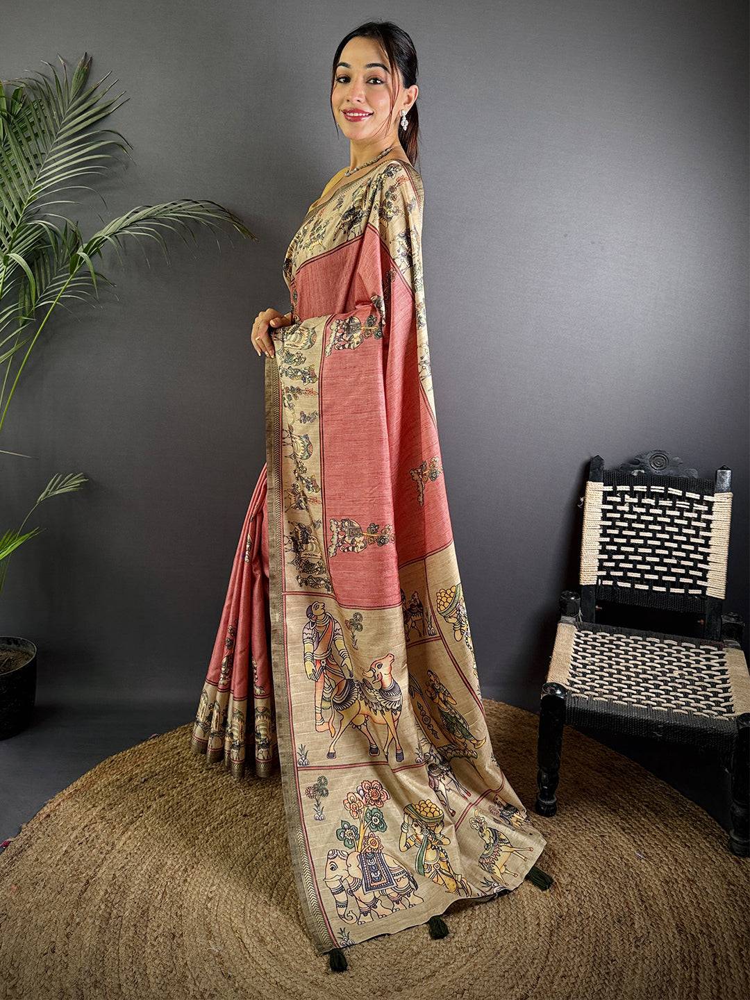 Dusty Pink Digital Kalamkari Printed Saree