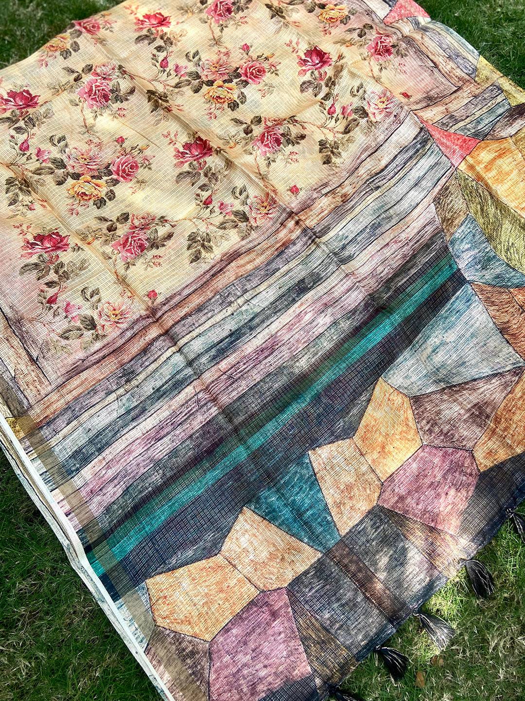 Cream Colour Soft Kota Doriya Silk Saree With Flower & abstect Prints