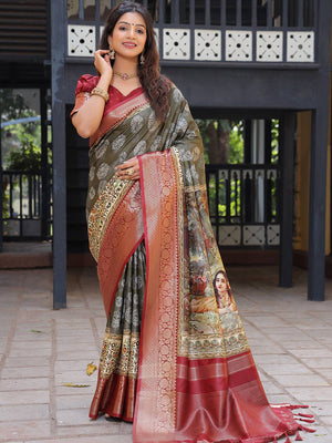 Olive Pure Viscose Dola Silk Saree With Kalamkari And Mughal Print - Luxe