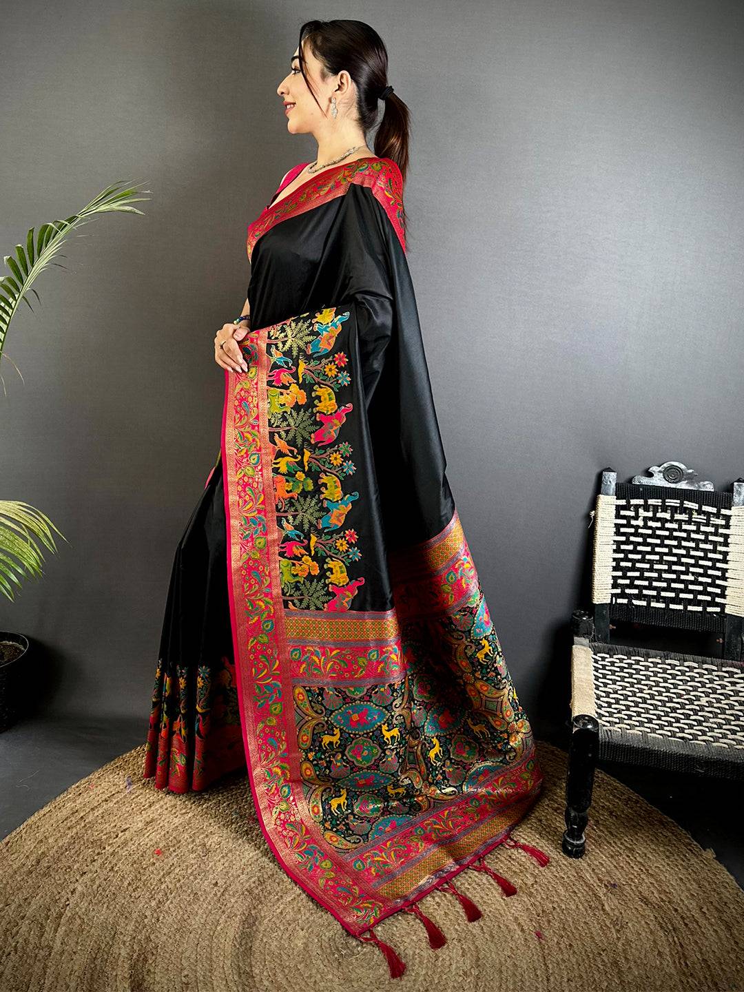 Black Soft Semi Silk Minakari Weave Saree