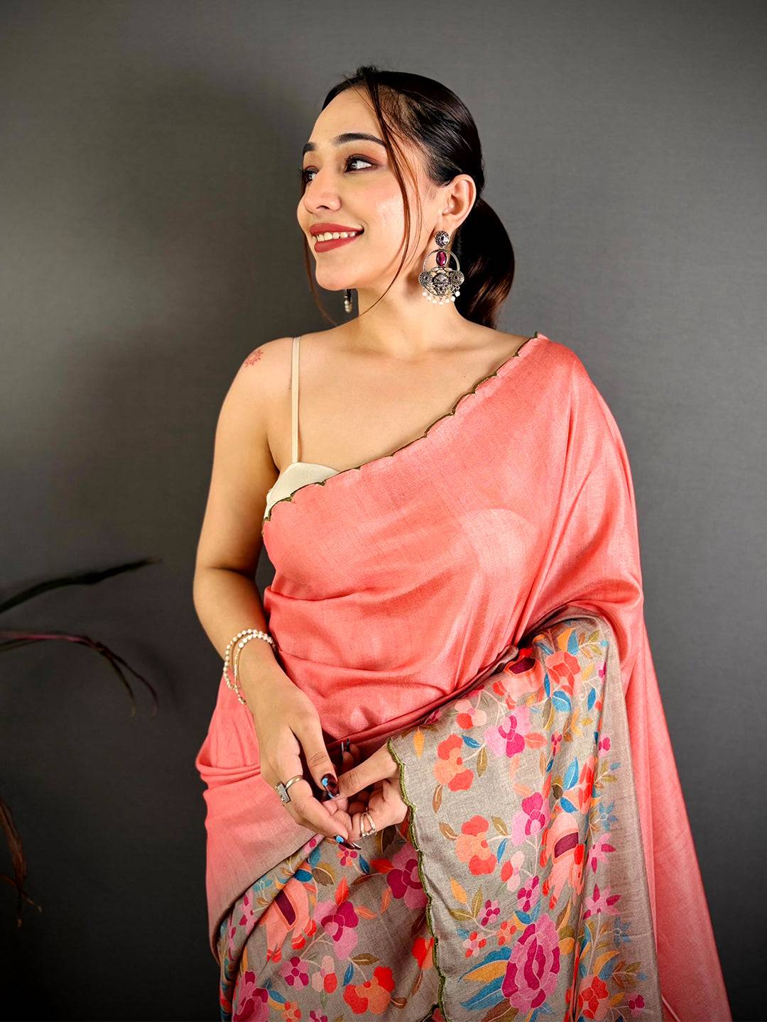 Coral Bird Print Tussar Festive Saree