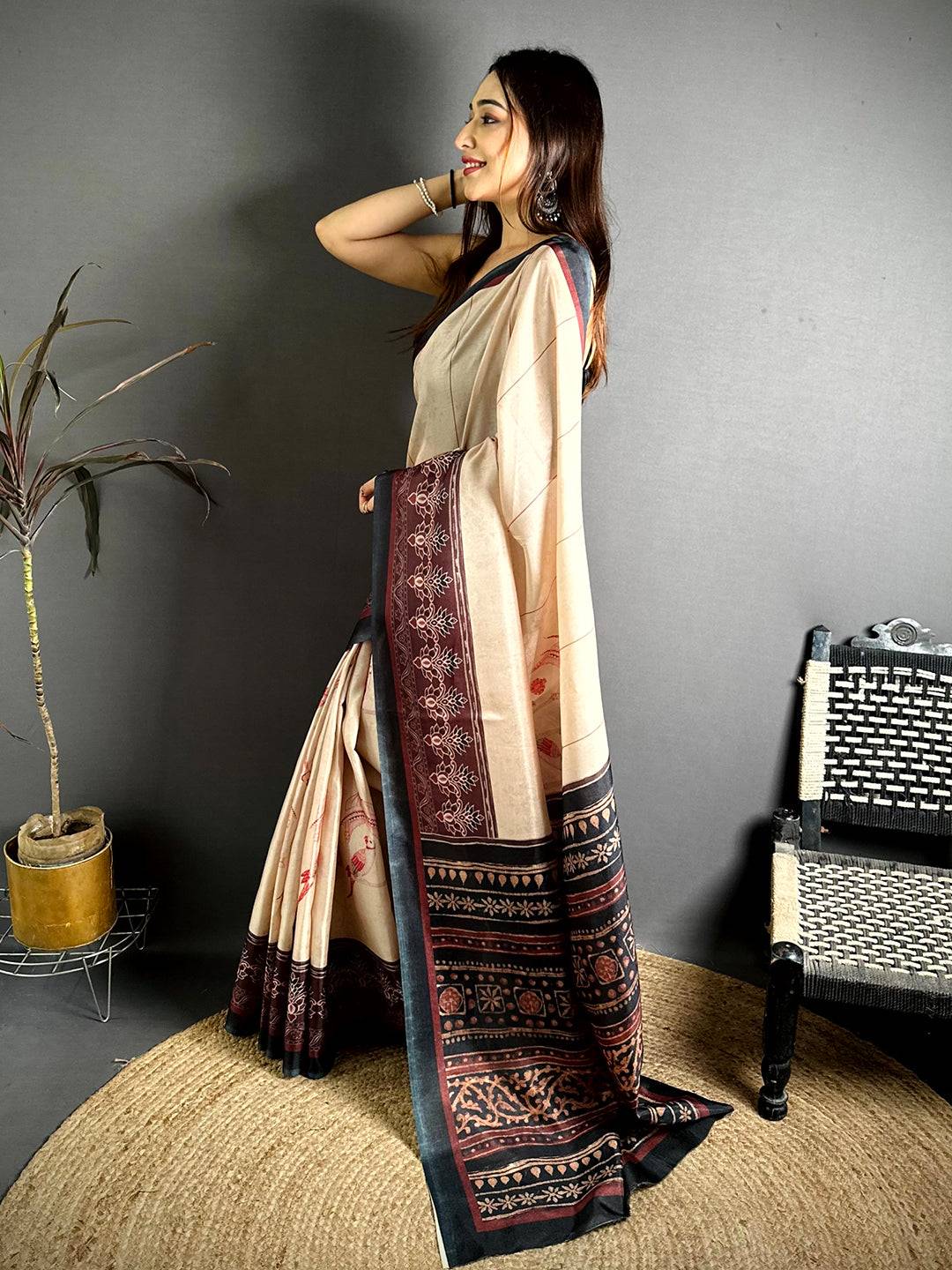 Opulent Ajrakh Border Tussar Saree