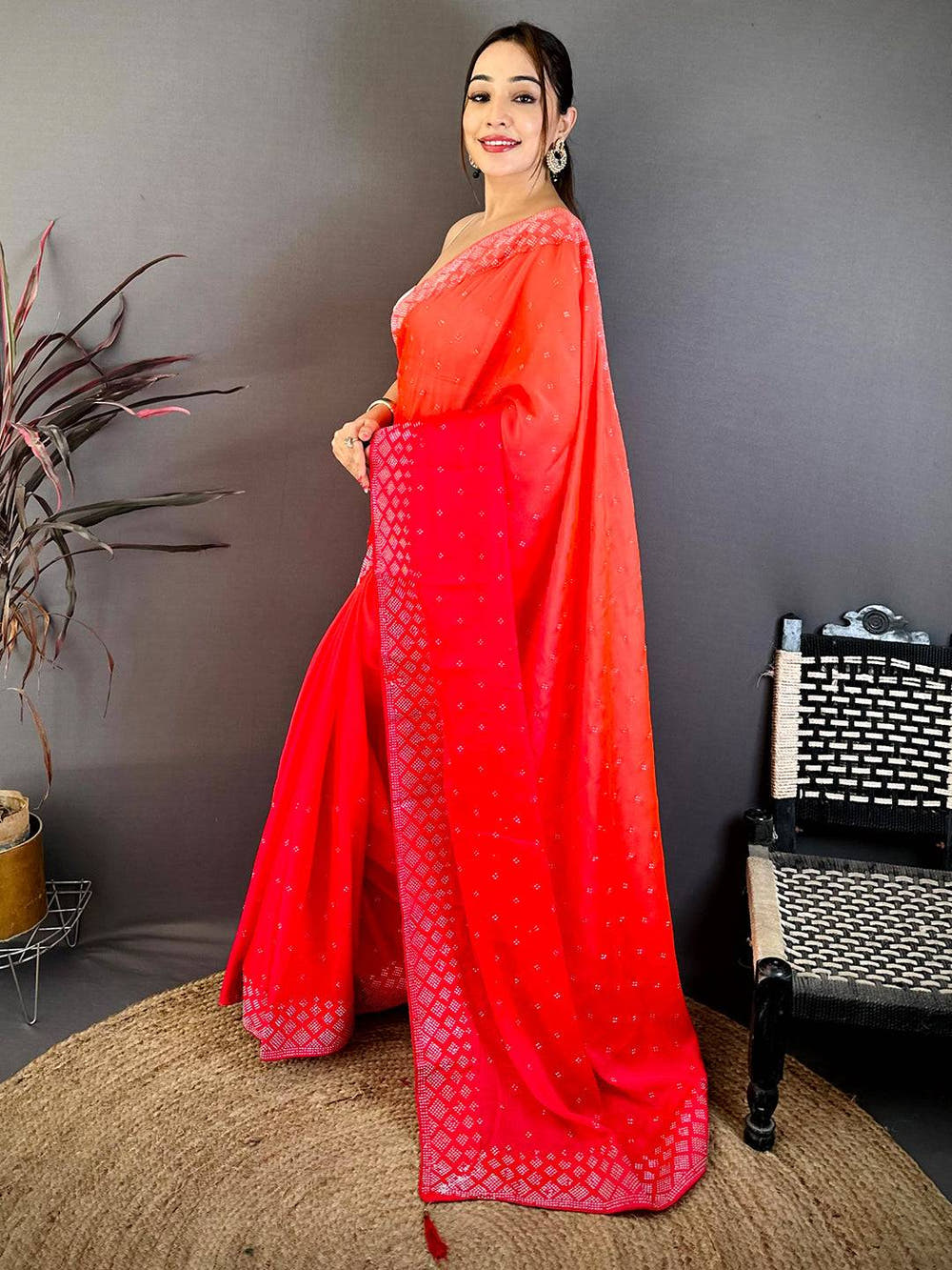Stylish Satin Silk Stone Work Saree