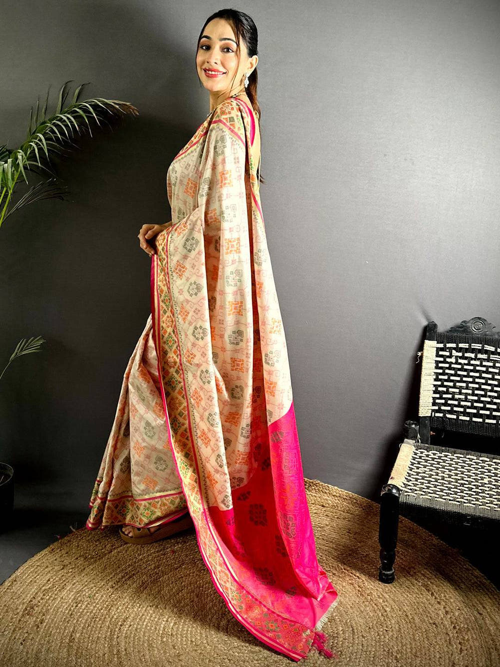 White Pochampally Patola Soft Silk Saree