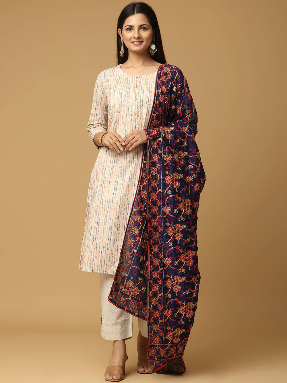 Navy Blue Base Floral Jaal Pashmina Dupatta
