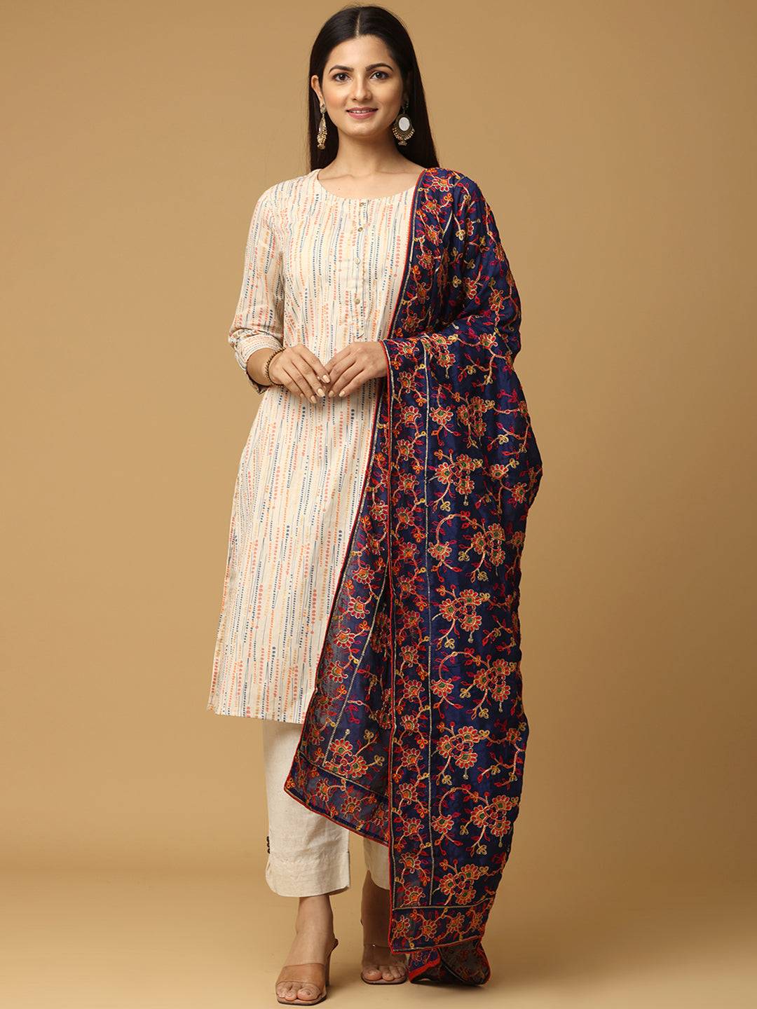 Navy Blue Base Floral Jaal Pashmina Dupatta