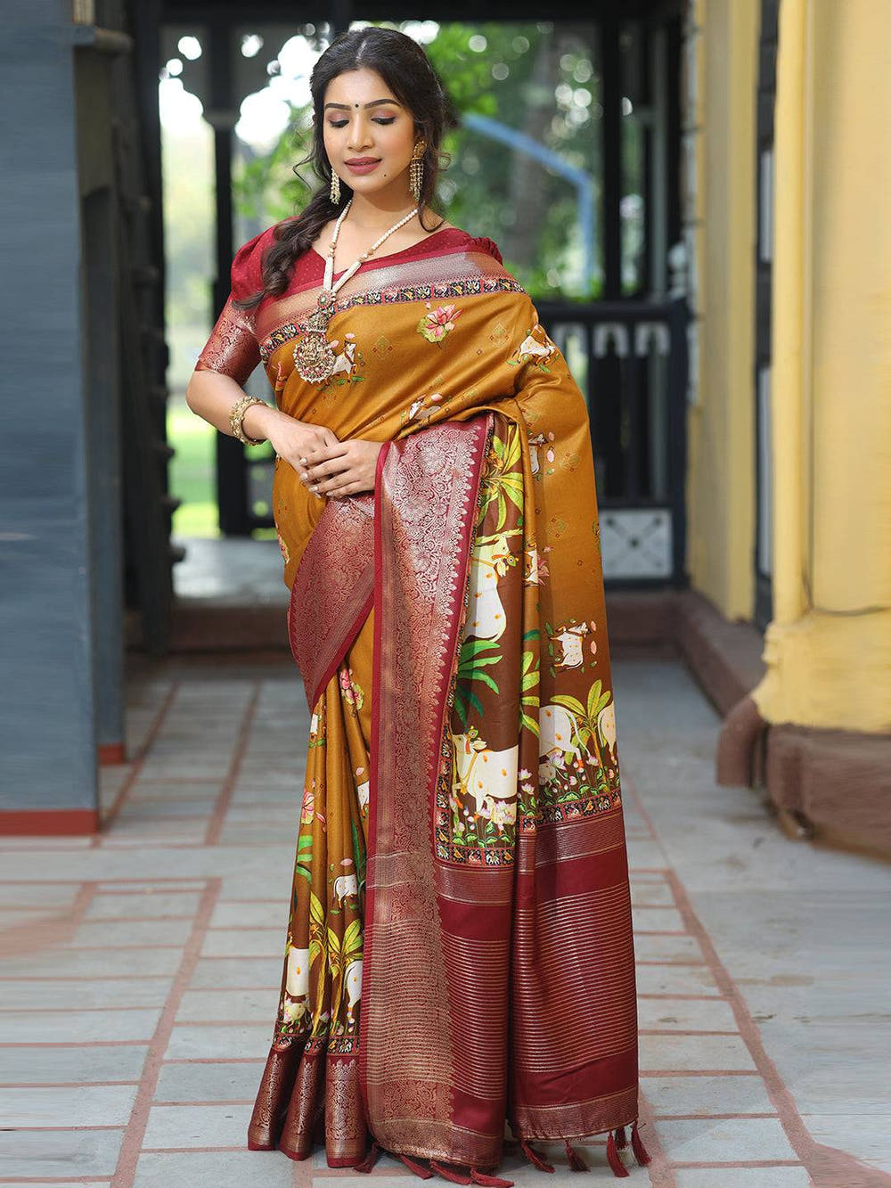 Pichwai Print Zari Weaving Pallu Saree In Mustard Colour - Luxe