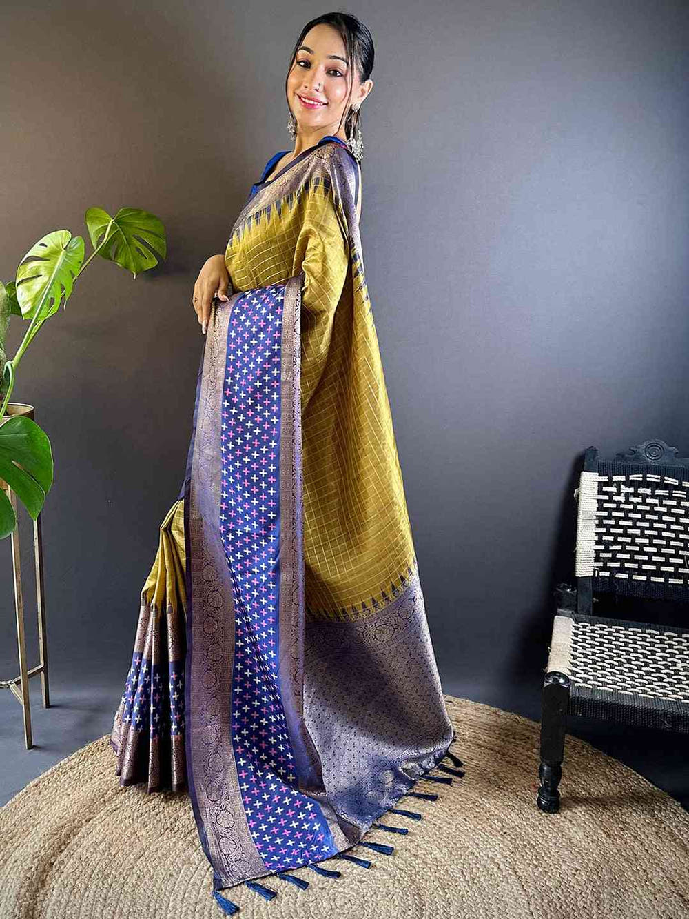Green Chex Ikkat Saree With Double Border