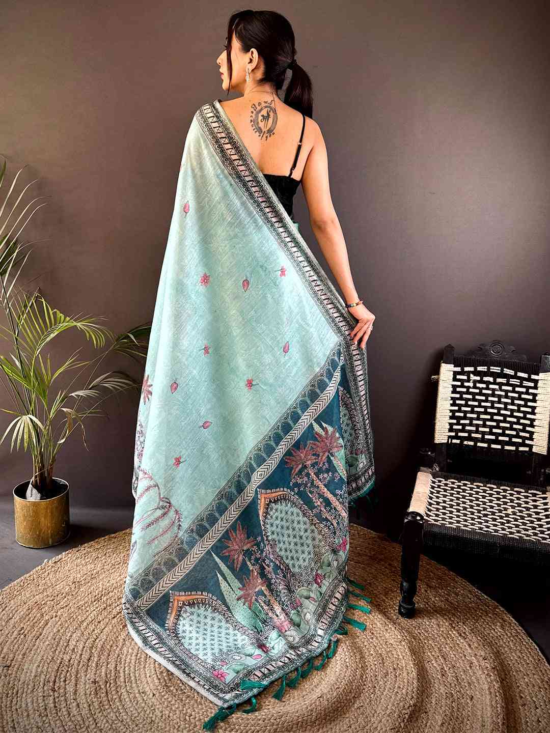 Sky Blue Tissue Floral Leaf Print Saree