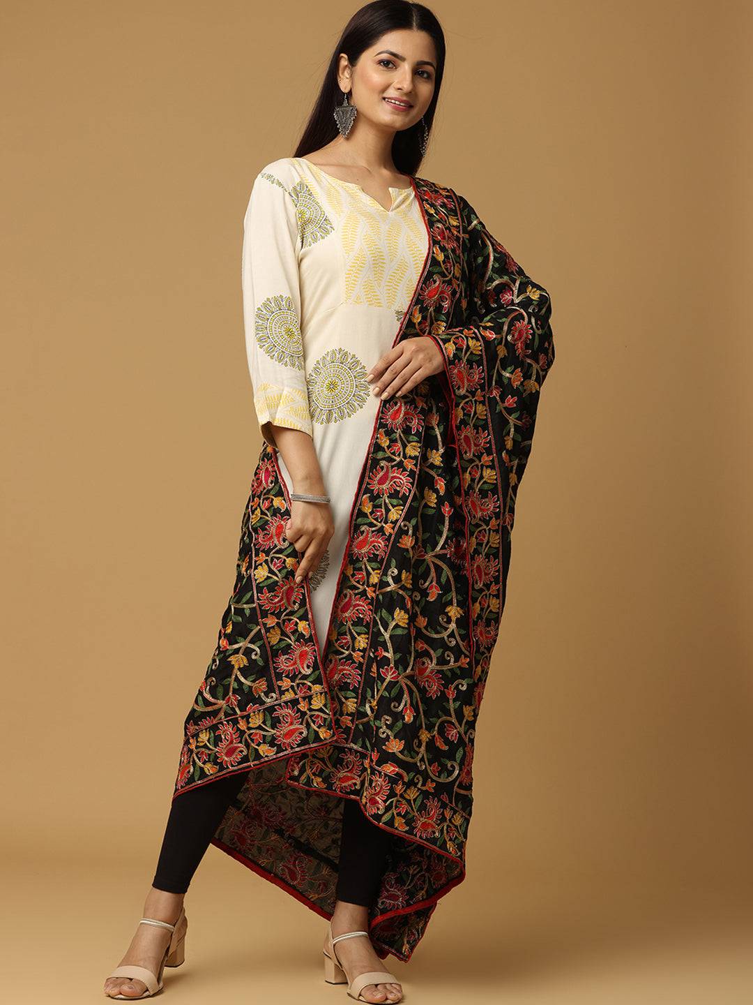 Black Delicate Floral Vine Pashmina Dupatta