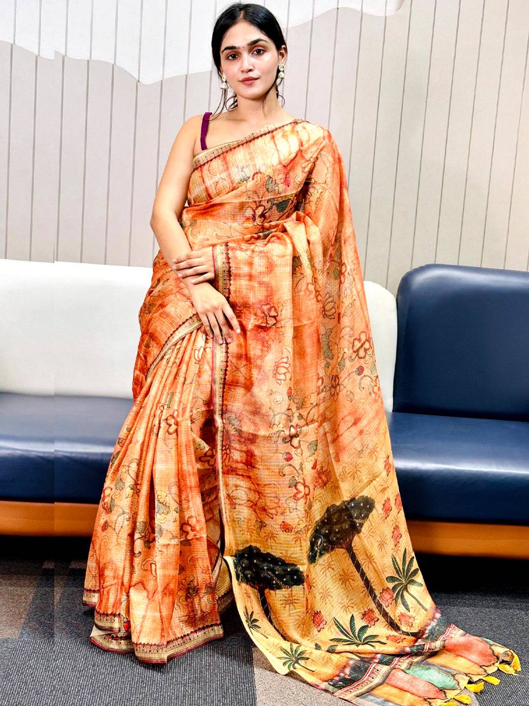 Orange Kota Doriya Silk Saree With Floral Print